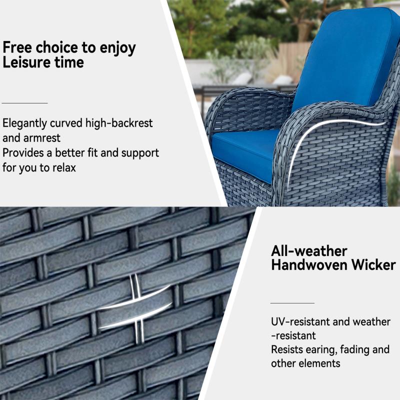 Outdoor Swivel Rocker Chairs 3 Pieces Wicker Swivel Patio Chair with Rattan Side Table, Wicker Patio Furniture Set, 3 Piece Rattan Outdoor Sectional Conversation Sets 2 Piece Wicker Hang gliding  Chairs and 1 Side Table, Blue+Grey