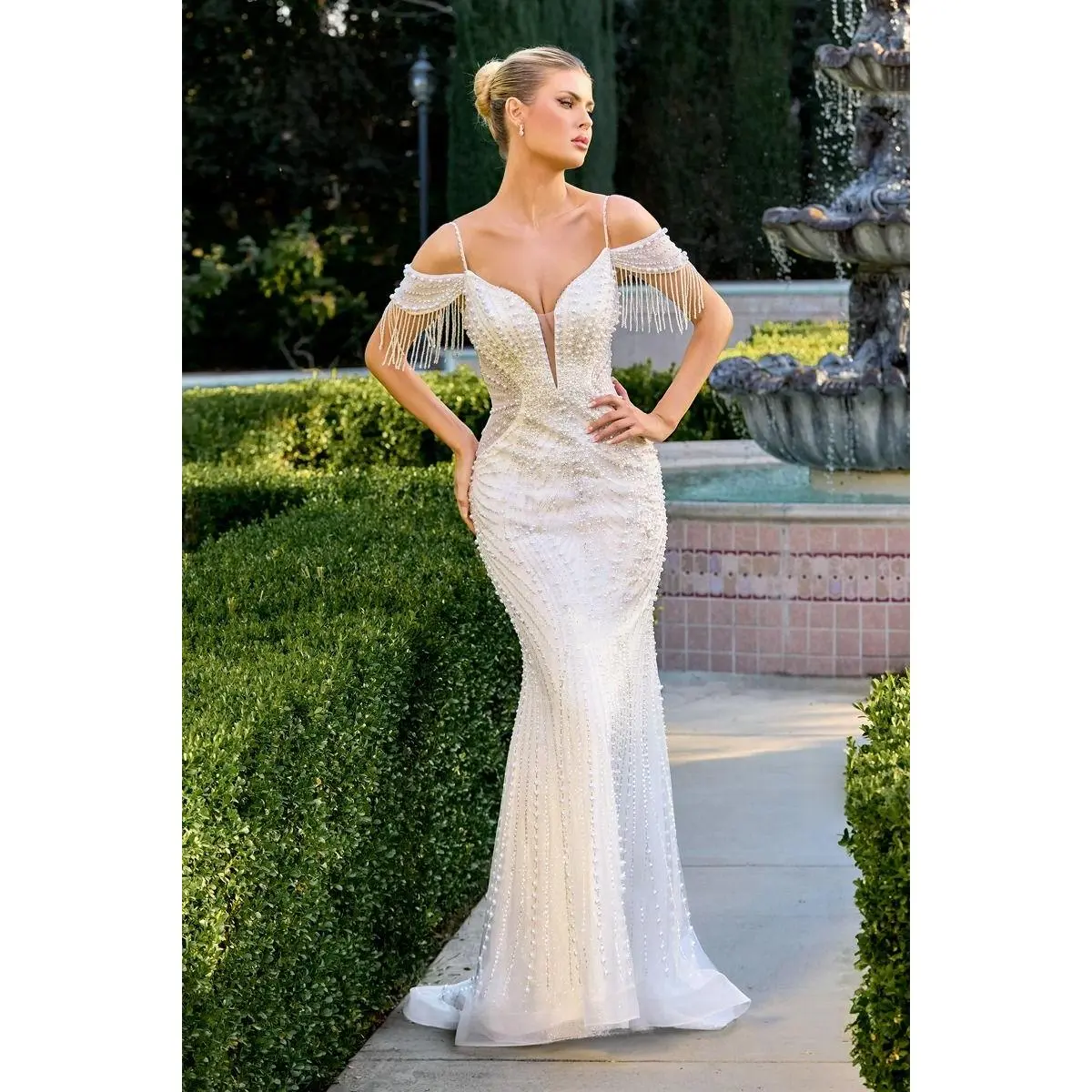 Cinderella Divine -SF209W Mermaid bridal gown designed with off shoulder neckline and adorned in cascading pearl and crystal fringe.