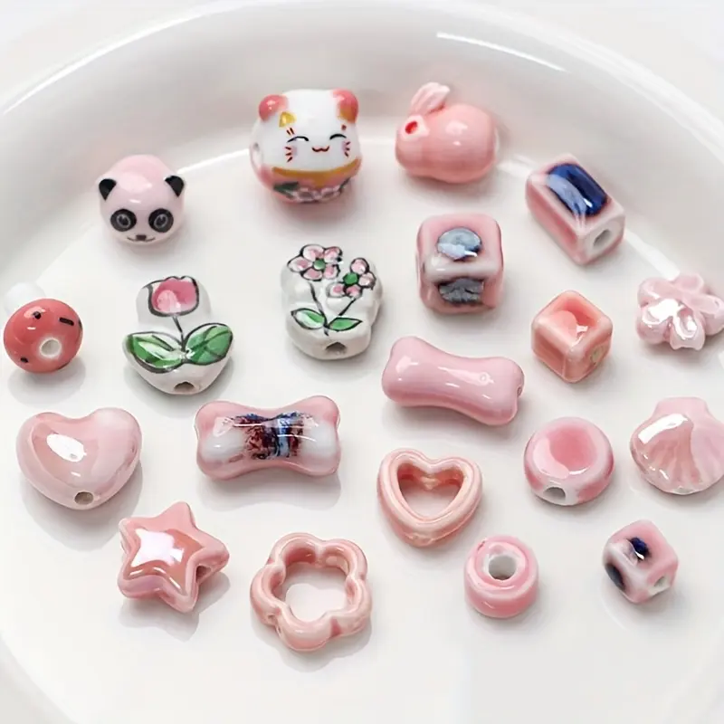 15Pcs Bagged Aesthetic Mixed Shape Hand-Painted Pink Ceramic Beads ...