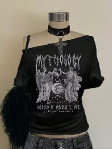 Loose-Fitting Off-Shoulder T-Shirt Top for Women, Angel Print Design, Breathable Soft Fabric for Casual Summer Garment