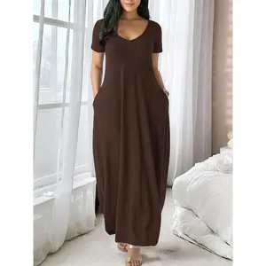 2026 Women's Long Coffee Dress, Large Round Neck Short Sleeve Pocket Sleepwear, Casual Home Clothing Soft Fabric All Seasons Wear
