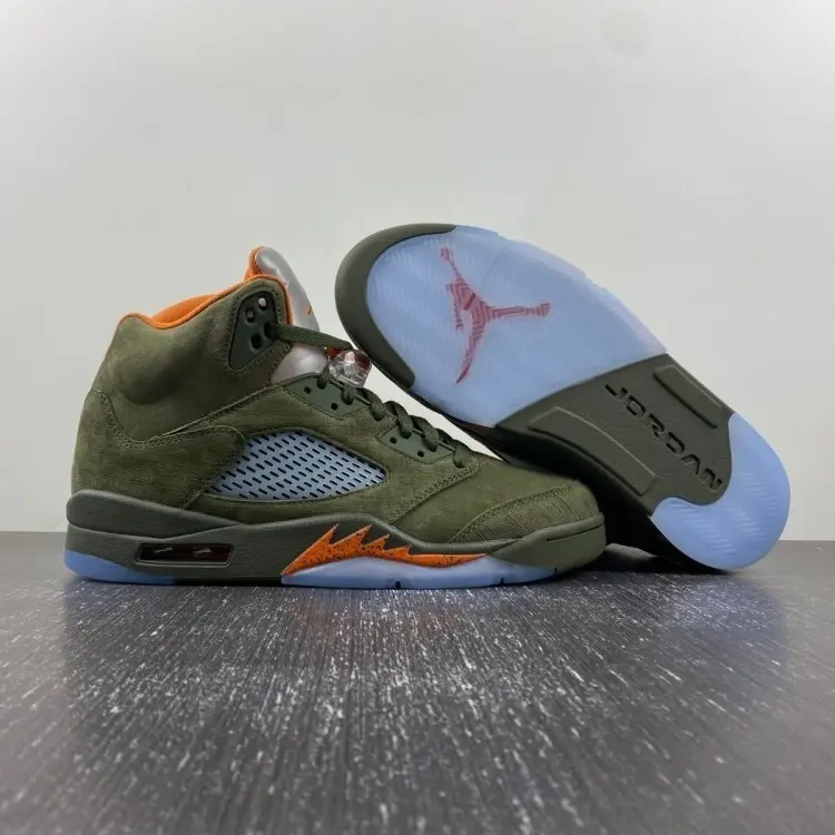 Brand New Sealed Unisex High Top Retro Basketball Sneakers Olive Green Suede Orange Accent Transparent Ice Blue Outsole Breathable Athletic Sport Trainers Shock Absorbing Cushion Sole Street Fashion Shoes For Men Women Teen