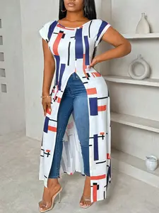 【Plus Size】 Striped Print Curved Hem Tee, Casual Short Sleeve T-shirt for Daily Wear, Women Plus Clothing for All Seasons, Top