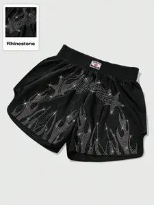 Unisex Summer Streetwear Loose Gym Shorts, Satin Base, Flame Star Rhinestone Print, Comfortable Elastic Waist, Breathable Fabric