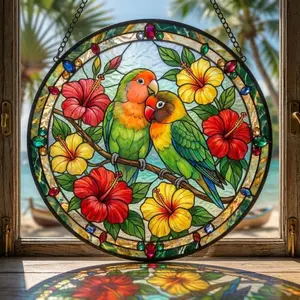 Cockatoo Orchid Stained Glass Suncatcher Window Hanging Round Tropical Bird Home Decor Gift