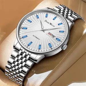 elegant stylish design Men's Automatic Watch, Luxury Business Casual Dress Watch with White Dial Blue Sapphire Markers, Luminous Hands, Stainless Steel Strap, Date Display, Waterproof Mechanical Wristwatch for Men
