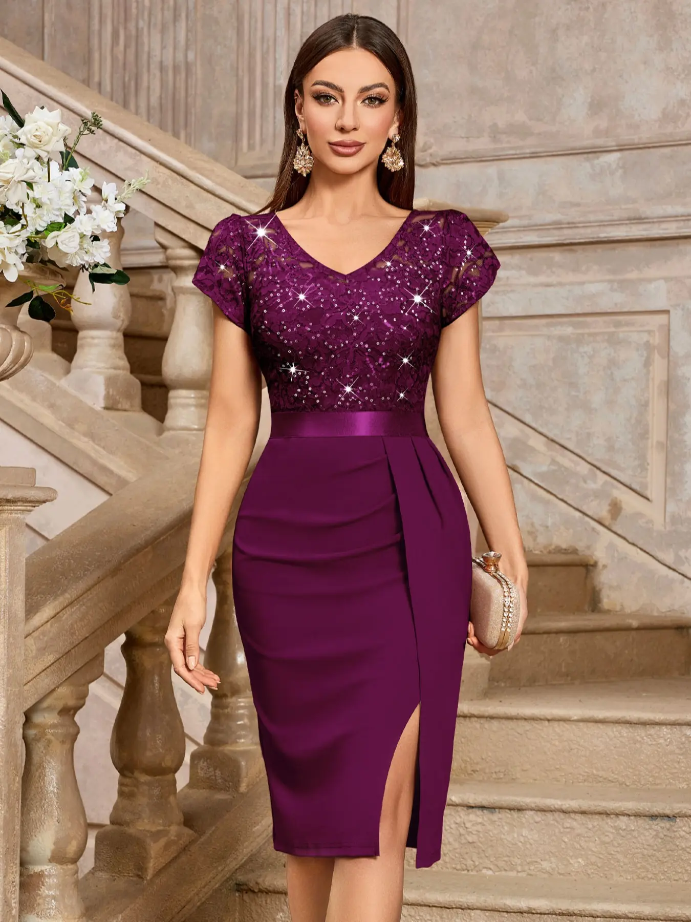 MIUSOL 54347A Elegant Classy Glitter Sequin Floral Lace Petal Sleeve Ruched Split Thigh Slit Evening Cocktail Party Bodycon Dress,Semi Formal Women Dress,For Wedding Guest, Graduation, Dinner - TikTok Shop MIUSOL 54347A Elegant Classy Glitter Sequin Floral Lace Petal Sleeve Ruched Split Thigh Slit Evening Cocktail Party Bodycon Dress,Semi Formal Women Dress,For Wedding Guest, Graduation, Dinner - TikTok Shop