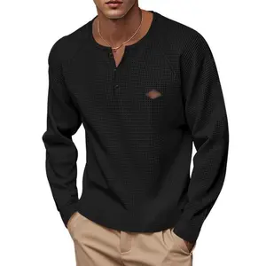 Men’s casual American spring/autumn lightweight waffle-knit Henley T-shirt with front buttons, quick-drying fabric, shoulder inserts, and long sleeves