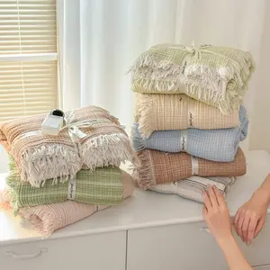 Double-Layer Gauze Tassel 100% Cotton Blanket Soft Skin-Friendly Breathable Throw All-Season Thin Summer Quilt Spring Summer Sofa Bedroom Living Room Blanket Easy to Clean Home Decor Blanket Comfortable Soft Tassel Blanket