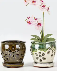 4 Inch Ceramic Orchid Pots with Holes and Saucers - 2 count Small Succulent Pot for Repotting, Garden Flowerpots for  Indoor and Outdoor Promotes Air Circulation (Olive Green, Green Mixed)