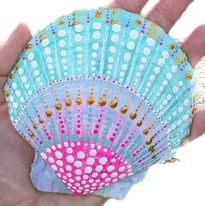 Hand Painted Scallop Shell 2 - Colorful Design with Polka Dots and Gold Accents
