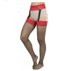 One Size Lace Top Mini Diamond Net Spandex Garterbelt Stockings with Red Lace Trim and Fishnet Design