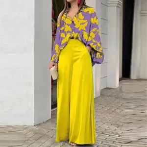Women’s printed shirt and wide-leg pants set, elegant two-piece set, matching set, casual wear, summer wear, autumn wear, workwear, office wear, fashion wear, business-casual wear, travel wear, everyday wear