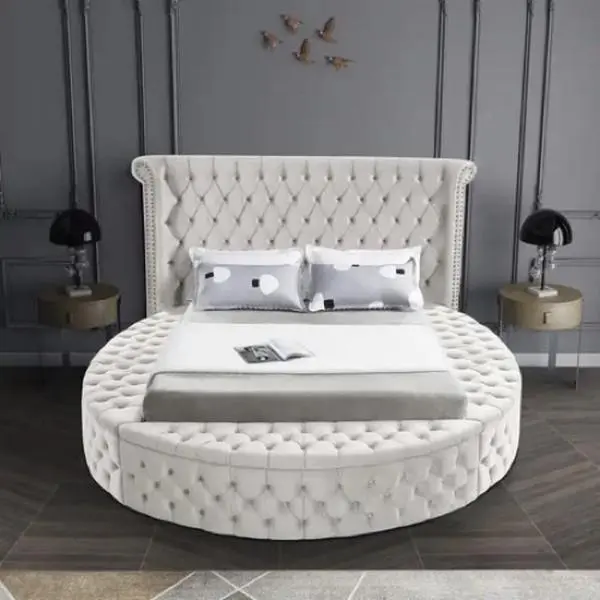 Meridian Furniture Luxus Collection Modern | Contemporary Round Shaped Velvet Upholstered Bed with Deep Button Tufting and Footboard Storage, King, Cream