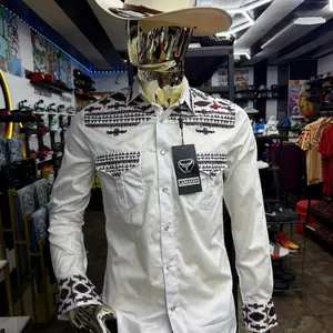 LAMASINI Men's White Western Shirt with Aztec Embroidery Button Front Design for Casual Wear