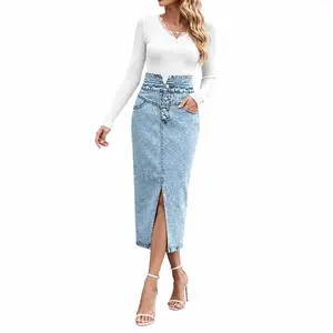utcoco Women's Midi Jean Skirt High Waisted Slit Hem Slim Fit Pencil Denim Skirt