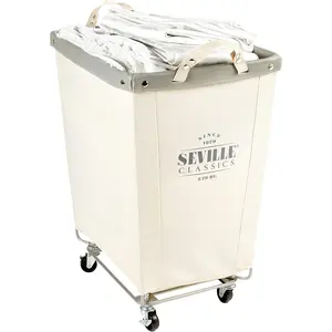 Seville Classics Large Commercial Heavy Duty Rolling Steel Frame Laundry Hamper Canvas Cart Bin, W/Wheels for Hotel, Home, Closet, Bedroom (PATENTED), Cream, 22" D X 16" W Seville Classics