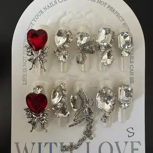 SIZE Small Y2K Press On Nails - Long Length with Diamond Accents, Easy Application & Removable Design for Everyday Wear Long Diamond nail sets