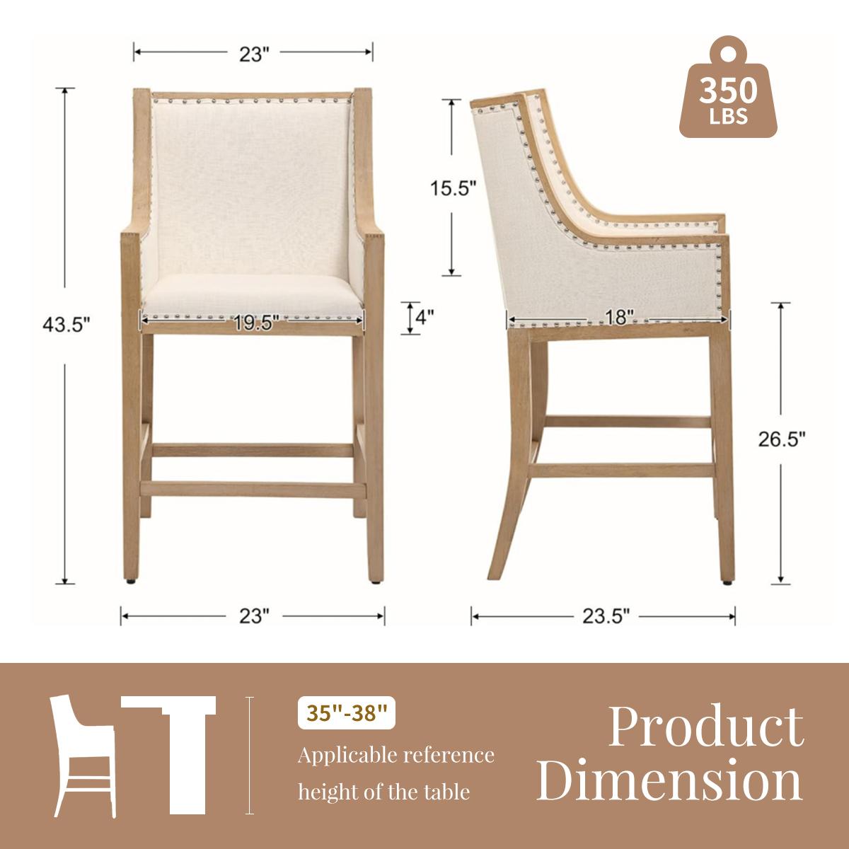 CHAIRUS 2 pack 26.5" Farmhouse Linen Barstools with Armrest Upholstered Wood Counter Height Bar Stools for Kitchen Island Dining Room Living Room Home Decor