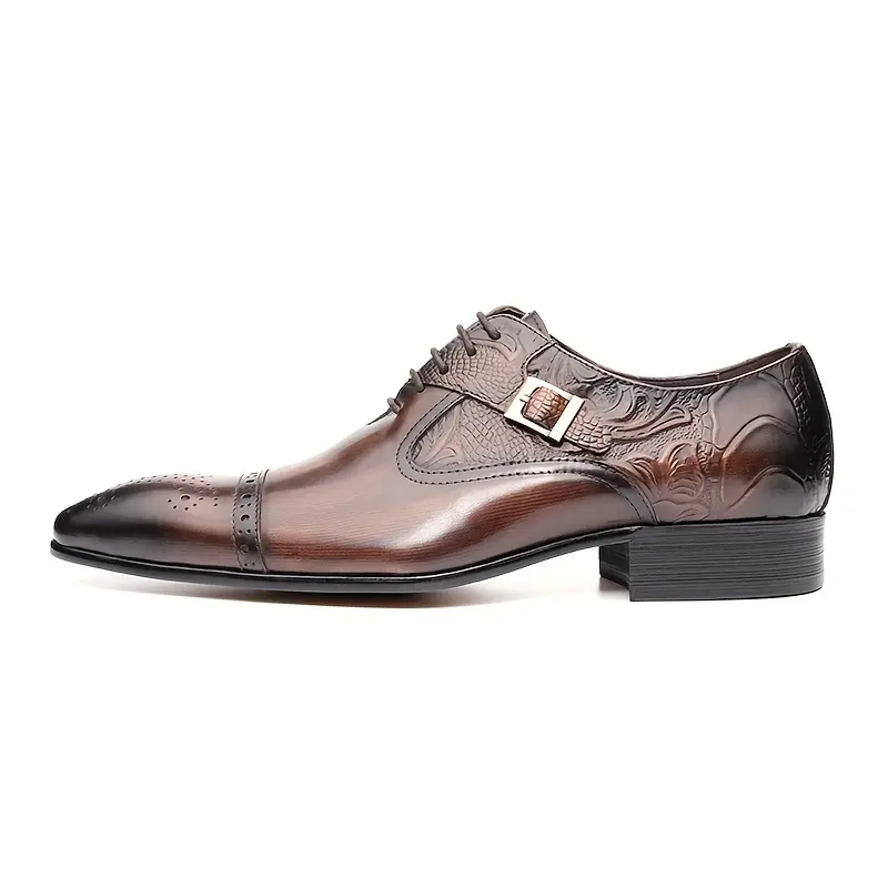 Men's Cowhide Formal Leather Oxford Shoes - Designer, Stylish, Brown Elegant, Office Wear, Side Buckle, Laced, Father's Day Gift, Black Option, NG21855, Designer Formal Shoes, Cowhide Formal Shoes
