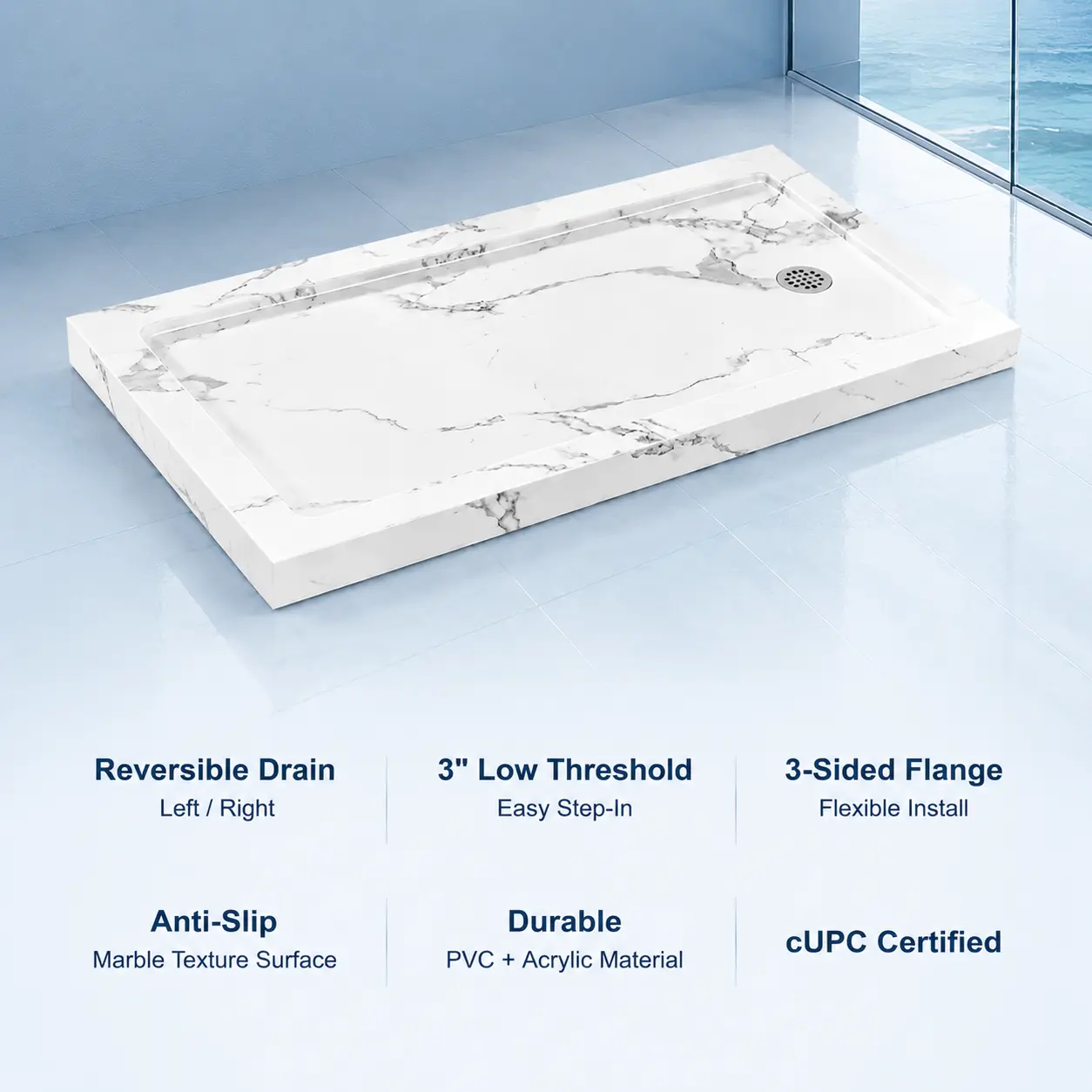 KPUY Acrylic/ABS Shower Base Pan with Center Shower Drain, CARBONA White, Slip-Resistant, Non-Integrated Flange, Easy to Clean, CUPC Certified, 48"-60" L x 32"-36" W
