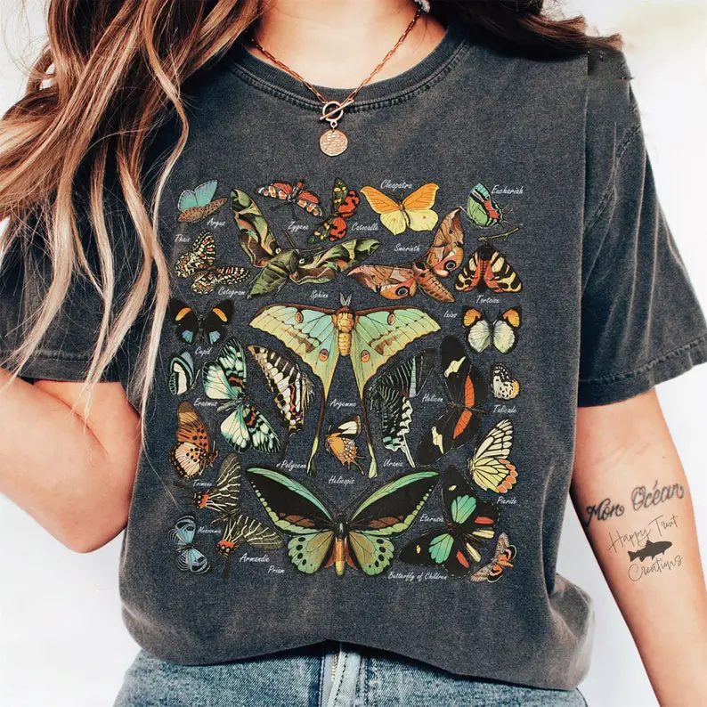 Women's Vintage Sweet Botanical Graphic T-Shirt, Soft Cotton Butterfly Crew Neck Streetwear, Made in USA Christmas Gift, All Seasons, Basics, Fitted Cut, Casual, Cold Wash, Do Not Bleach