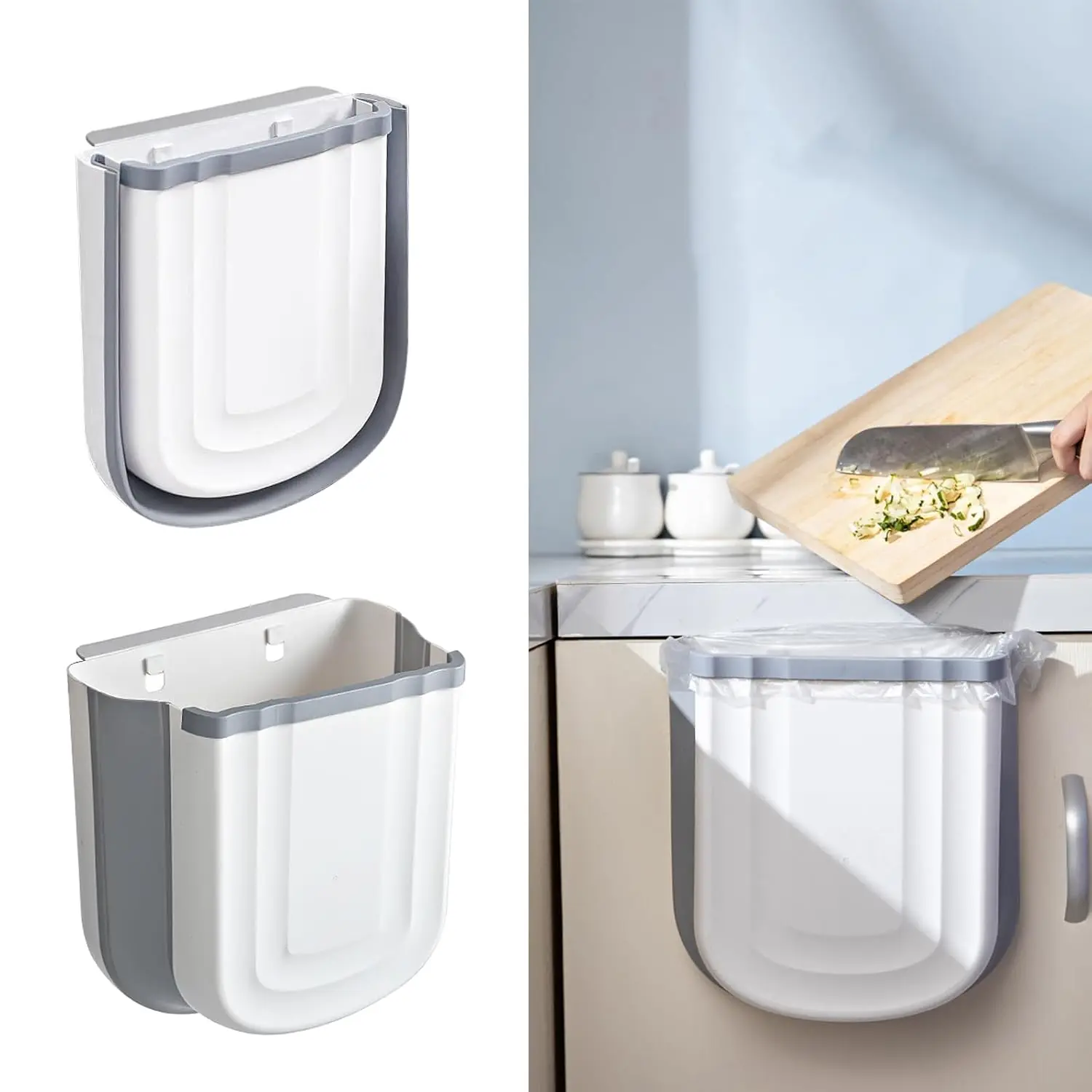 Collapsible Hanging Trash Can for Kitchen Cabinet Door, 9L Plastic Foldable  Bin, 2.4 Gallon Small Wall Mounted Garbage Bin for Kitchen, Bathroom, Bedroom Countertop (Gray)