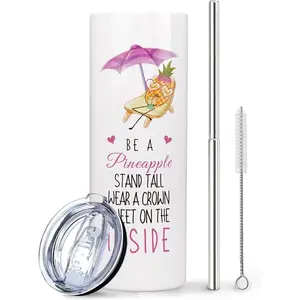 Pineapple Tumbler - Pineapple Gifts for Women - Pineapple Print Skinny Tumblers With Lid and Straw - Double Wall Tumbler Pineapple Decor - Pineapple Cup Straw 20 OZ Pineapple Stuff