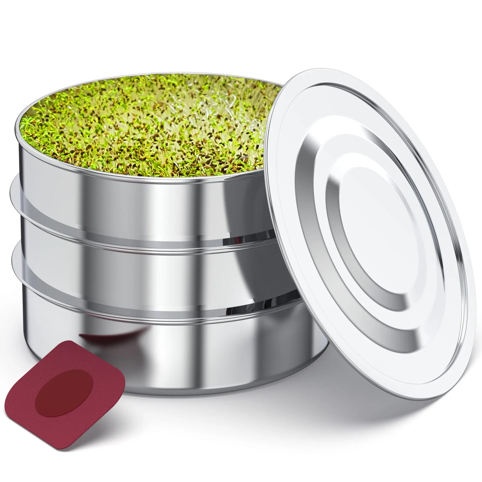ZESTIGREENS Stainless Steel Round Sprouting Trays - 3-Tier Lightweight Stackable Seed Starter with Lid, Dual Mesh Trays, Airflow Design for Restaurants & Tabletop Use (Growing Sprouts, Seed Germination, Free Food Scraper)