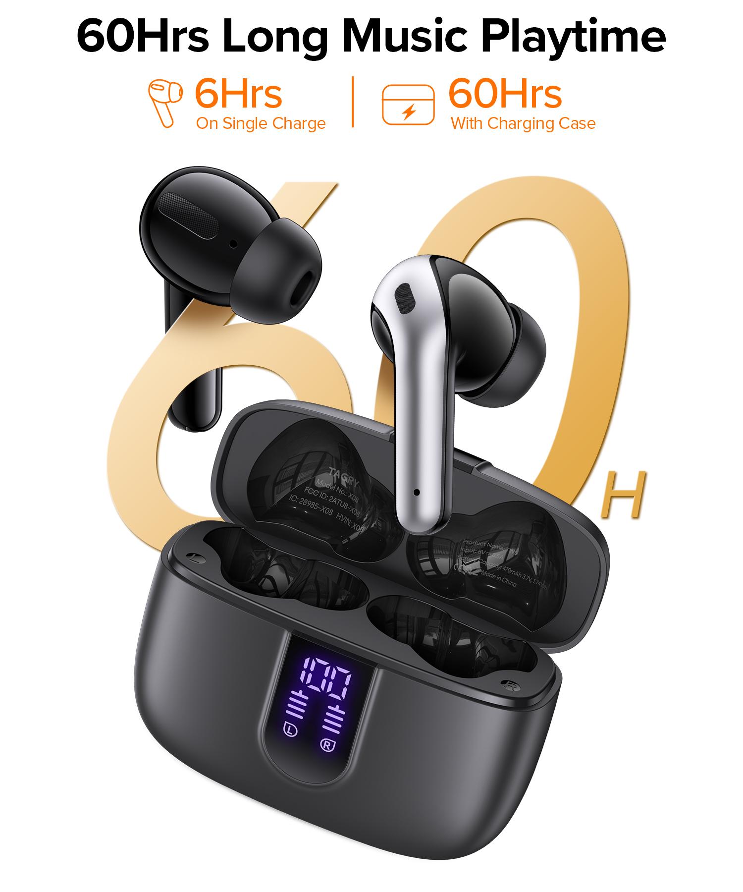 TAGRY Bluetooth Headphones True Wireless Earbuds 60H Playback LED Power Display Earphones with Wireless Charging Case IPX5 Waterproof in-Ear Ear buds with Mic for TV Smart Phone Laptop Computer Sports