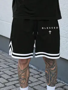 Men's Summer Casual Loose Shorts, Prayer & Cross Pattern, Athletic Sports Shorts, Gym Workout Shorts, Suitable for Sports Fitness, Daily Wear, Trendy Breathable Versatile Five-Pocket Pants