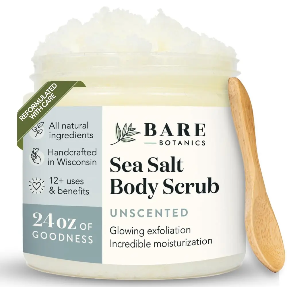 Bare Botanics 24oz Unscented Sea Salt Body Scrub Natural Exfoliator | All Natural, Non Toxic, Vegan and Cruelty Free | Handpoured in Madison, WI | Ready to Gift | Comes with Cute Wooden Spoon