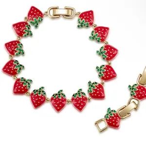 Strawberry Design Bracelet with Green Leaves and Gold Plated Tone Clasp 16+2+2cm
