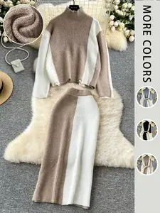 Women's Colorblock Sweater Set, Elegant Mock Neck Knit Top & Elastic Waist Skirt, Casual Fitted Two-Piece for Fall Winter