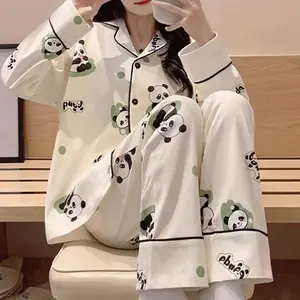 Women's Long Sleeved Long Pants Pajama Set Cute Cartoon Panda Pattern Soft Lightweight Beige Friendly Japanese Style Fresh Casual Pajama Set All-Season Button Down Sleepwear Fabric Loungewear