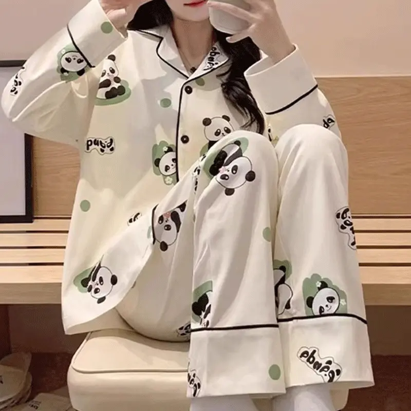 Women's Long Sleeved Long Pants Pajama Set Cute Cartoon Panda Pattern Soft Lightweight Beige Friendly Japanese Style Fresh Casual Pajama Set All-Season Button Down Sleepwear Fabric Loungewear