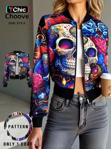 Women's Colorful Skull Print Casual Knit Jacket Coats, Womenswear, Lady, Outerwear, Fitted Style, Moderate Fabric Thickness, All Seasons Wear, Perfect for Daily & Halloween