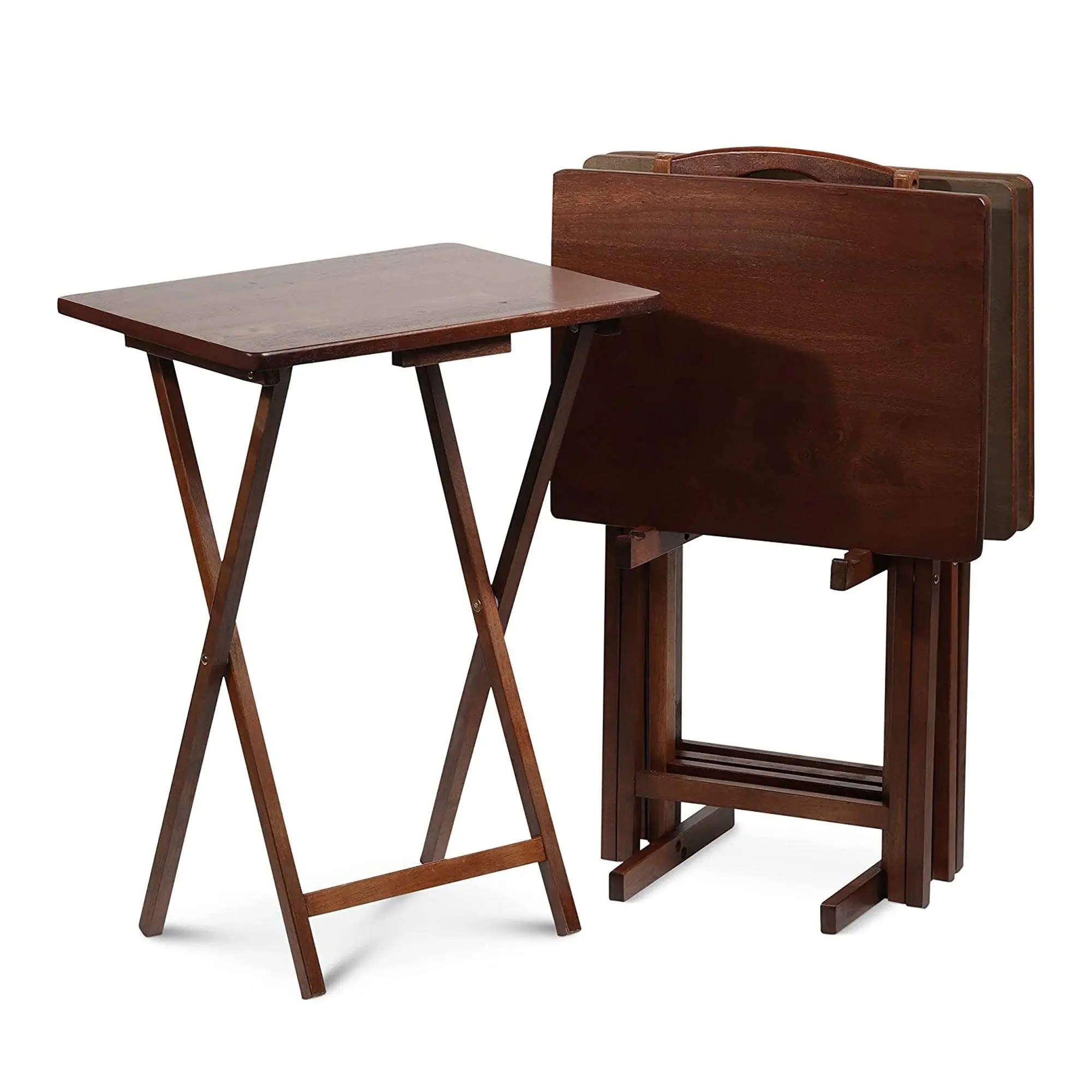 PJ Wood Folding TV Tray Tables w/ Compact Storage Rack, 5 Piece Set