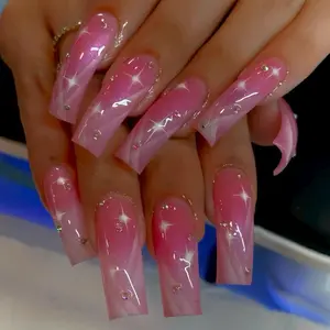 20 Pcs Curved Nails, Gradient Starburst Print with Rhinestones, Glossy False Nails, Y2K Style, Reusable, DIY Nails, Party & Streetwear, Includes Jelly Glue & Nail File