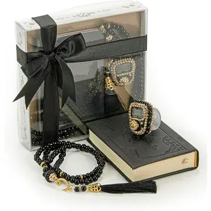 İhvan Online Medina Calligraphy Quran Set with Islamic Finger Counter, Portable Digital Prayer Tasbeeh, Pearl Zikirmatic Beads, 3 Pieces Gift for Ramadan & Eid & Mevlüt (Black) İhvan