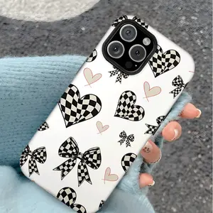 Case for iPhone 17 Pro Max 16 15 Plus 14 13 12 11 XS XR Checkered Bow Heart Trending Lightweight Scratch-Resistant Original Soft Protective Cover