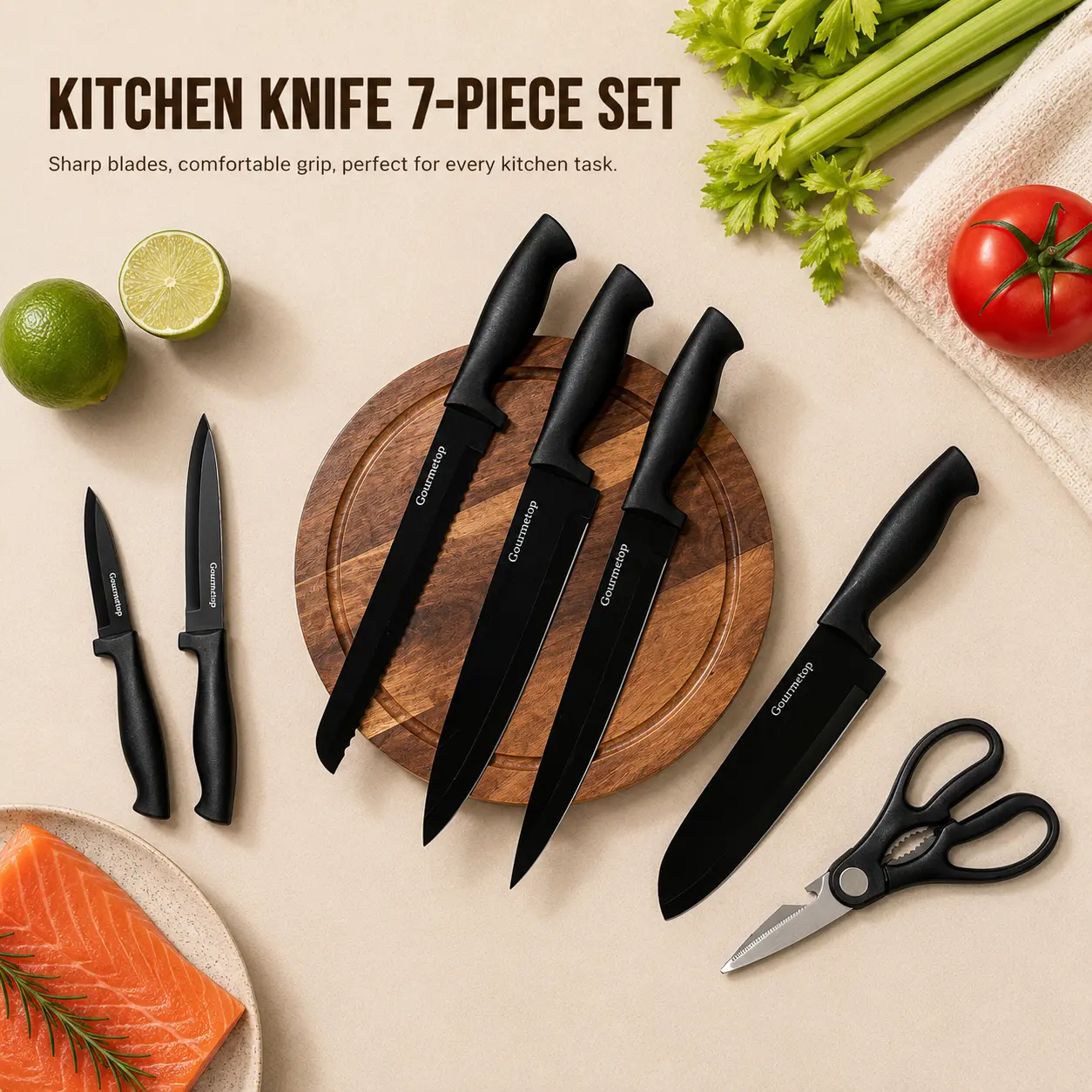 7-Piece Kitchen Knife Set with Blade Covers, Chef, Santoku, Bread, Utility & Paring Knives plus Multipurpose Kitchen Scissors Block Kitchen Knives Set shop more black -B