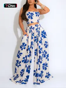 Two-Piece Set Women's All Over Print Top & Wide Leg Pants Set, Casual Fashion Cozy Two-piece for Daily Outdoor Wear, Ladies Clothes for Summer