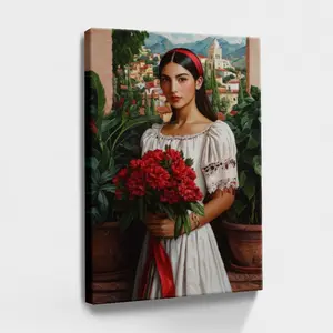 Mexican Christmas Decorations Woman Holding Flowers, Bouquet, City Painting - Botanical, Realism, Impressionism, Mixed Style Style, Wall Decor Poster for Room, Wood Framed Canvas Painting Photo Ornaments Artist Gifts 1pc Artwork 08X12X0.8Inch