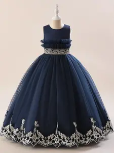 4-12Y Navy Blue Kids Clothes Embroidered Dress Embroidery Bow Flower Girls Princess Long Ball Gown Frock Children Formal Evening Party Banquet Pageant Prom Host Cocktail Dress