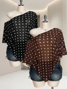 Plus Size Sweet Cool Polka Dot Asymmetrical Shoulder Top, Lightweight Chiffon Sheer Irregular Hem Women's Blouse Set, Two-Piece