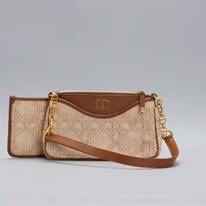 Pre-owned Dior leather Shoulder Bags 30 Montaigne Natural Cannage Raffia Pouch with Chain BGP208397