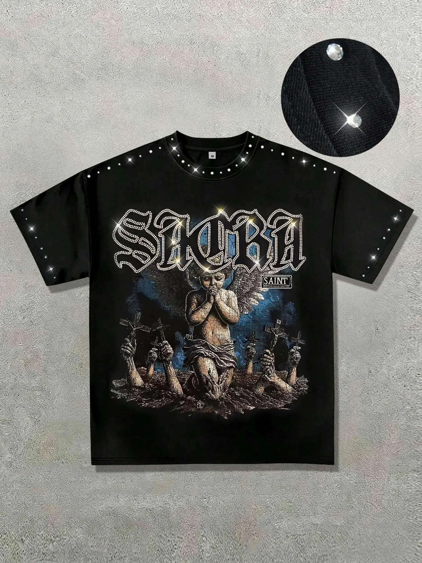 Men's Blessed Rhinestone-Collar Cotton T-Shirt, Fashion Dark Angel Graphic Print Round-Neck Top, Casual Streetwear, Vintage Retro Style Short-Sleeve Shirt