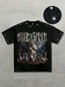 Rhinestone collar said blessed men's cotton short sleeved shirt, dark angel print pattern men's T-shirt, street style Streetwear fashion brand unisex Classic American retro shirt T-shirt cross short sleeved men's dark