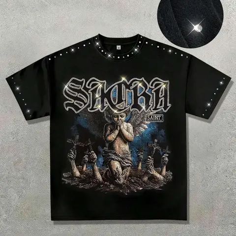 Men's Blessed Rhinestone-Collar Cotton T-Shirt, Fashion Dark Angel Graphic Print Round-Neck Top, Casual Streetwear, Vintage Retro Style Short-Sleeve Shirt, Casual Graphic Tee